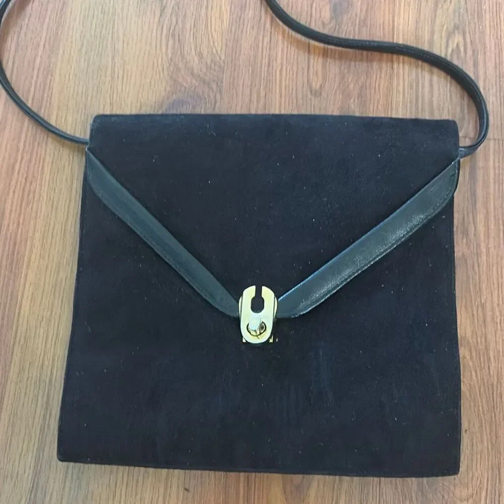 Black suede vintage handbag shoulder bag with gold hardware